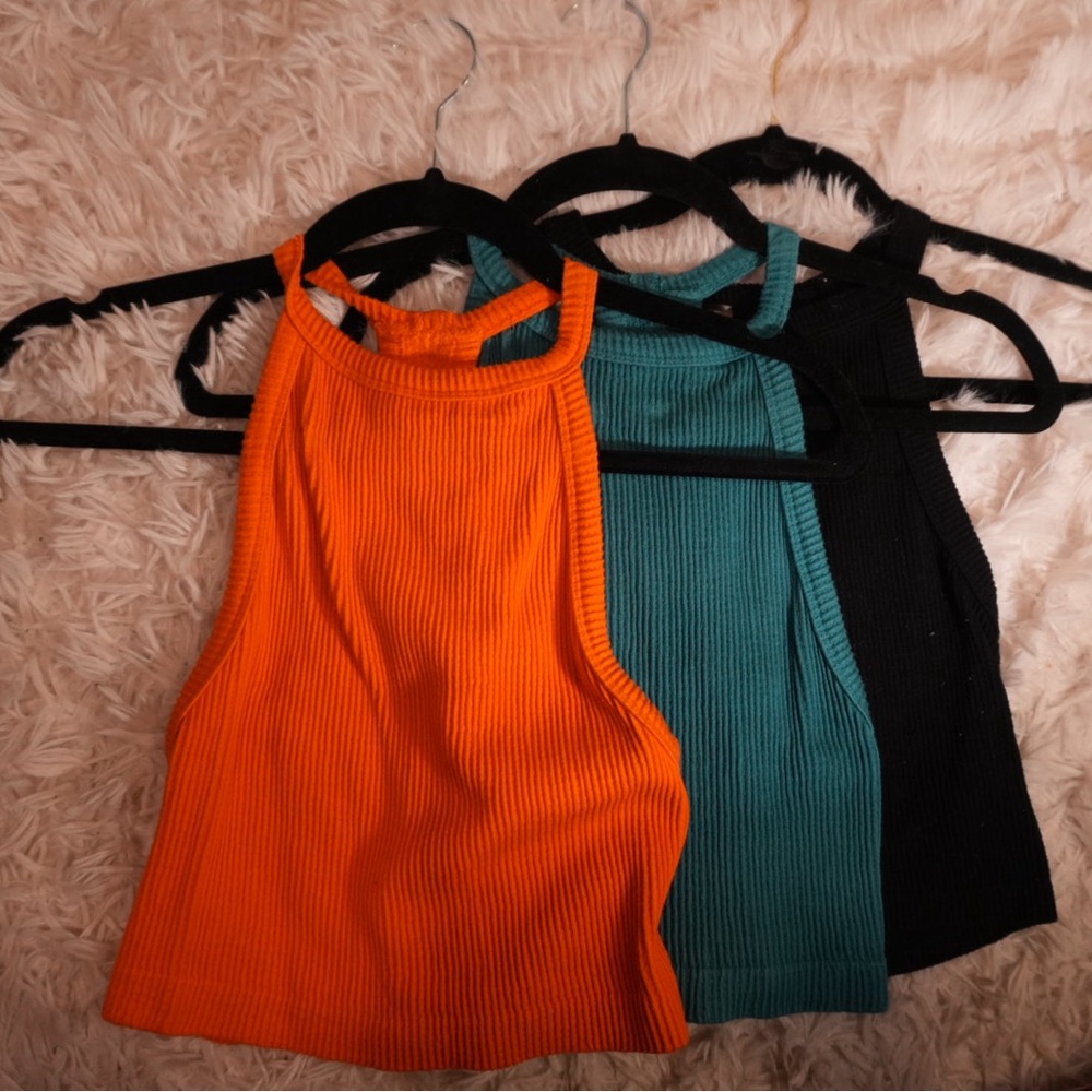 Ribbed Knit Halter Tops - Orange, Teal, and Black